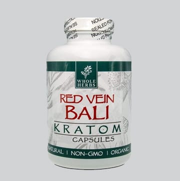 Whole Herbs Red Vein Bali Kratom Capsules, sold at Gorilla Vape Fort Worth, Texas.