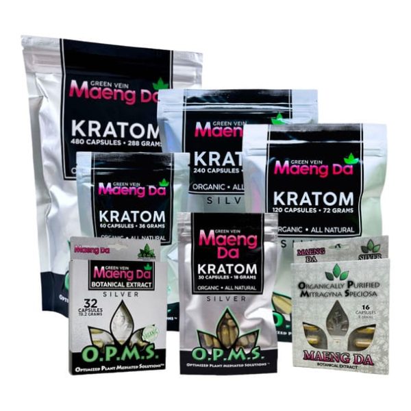 OPMS Silver Maeng Da Green Vein Kratom Capsules available at Gorilla Vape Fort Worth, Texas.